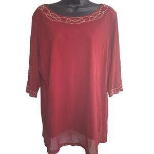 Lane Bryant Shirt 18/20 Red Embroidered Sheer Overlay Blouse 1/2 Sleeves